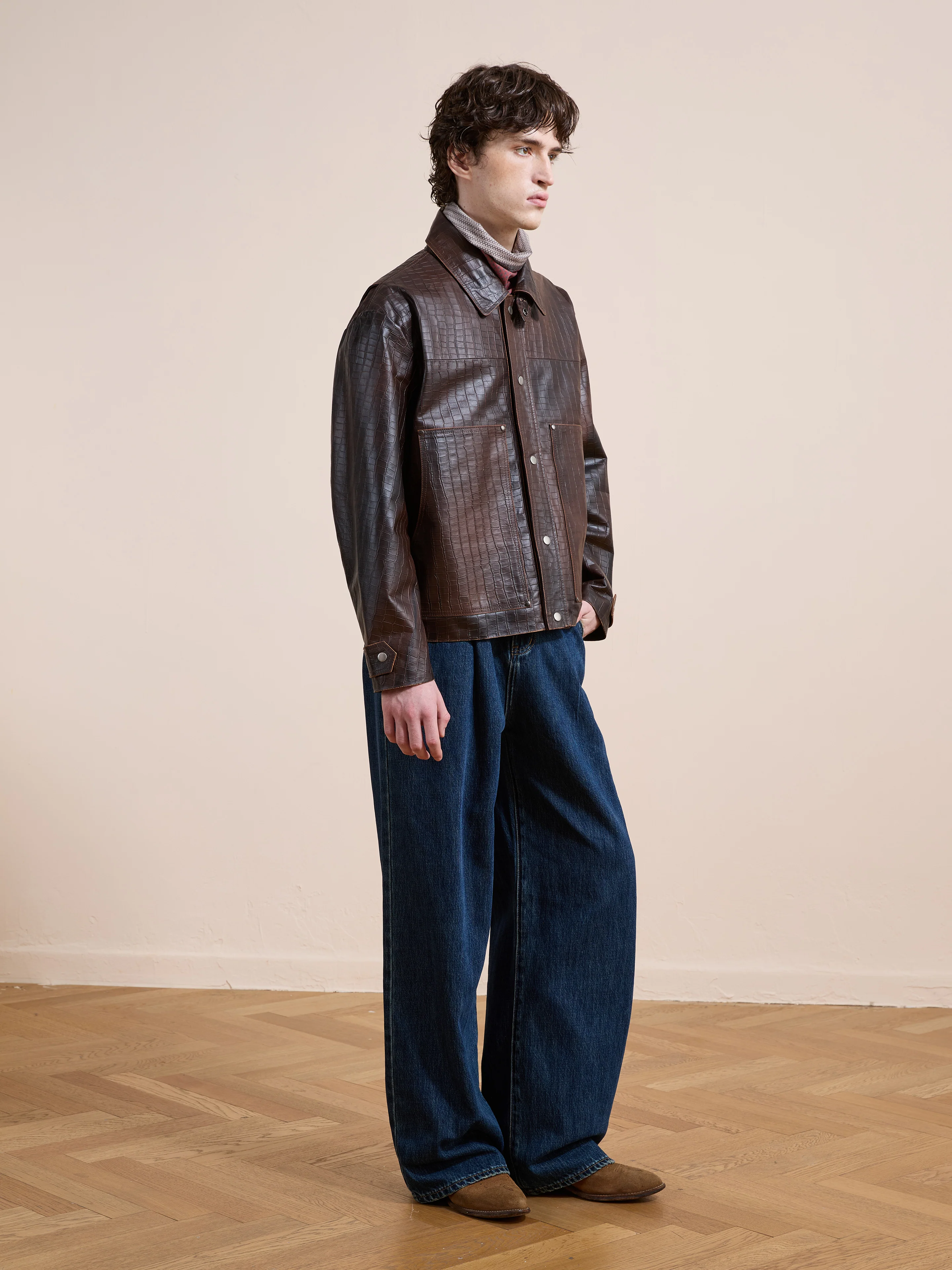 Distressed Croc Embossed Leather Work Jacket - Image 11
