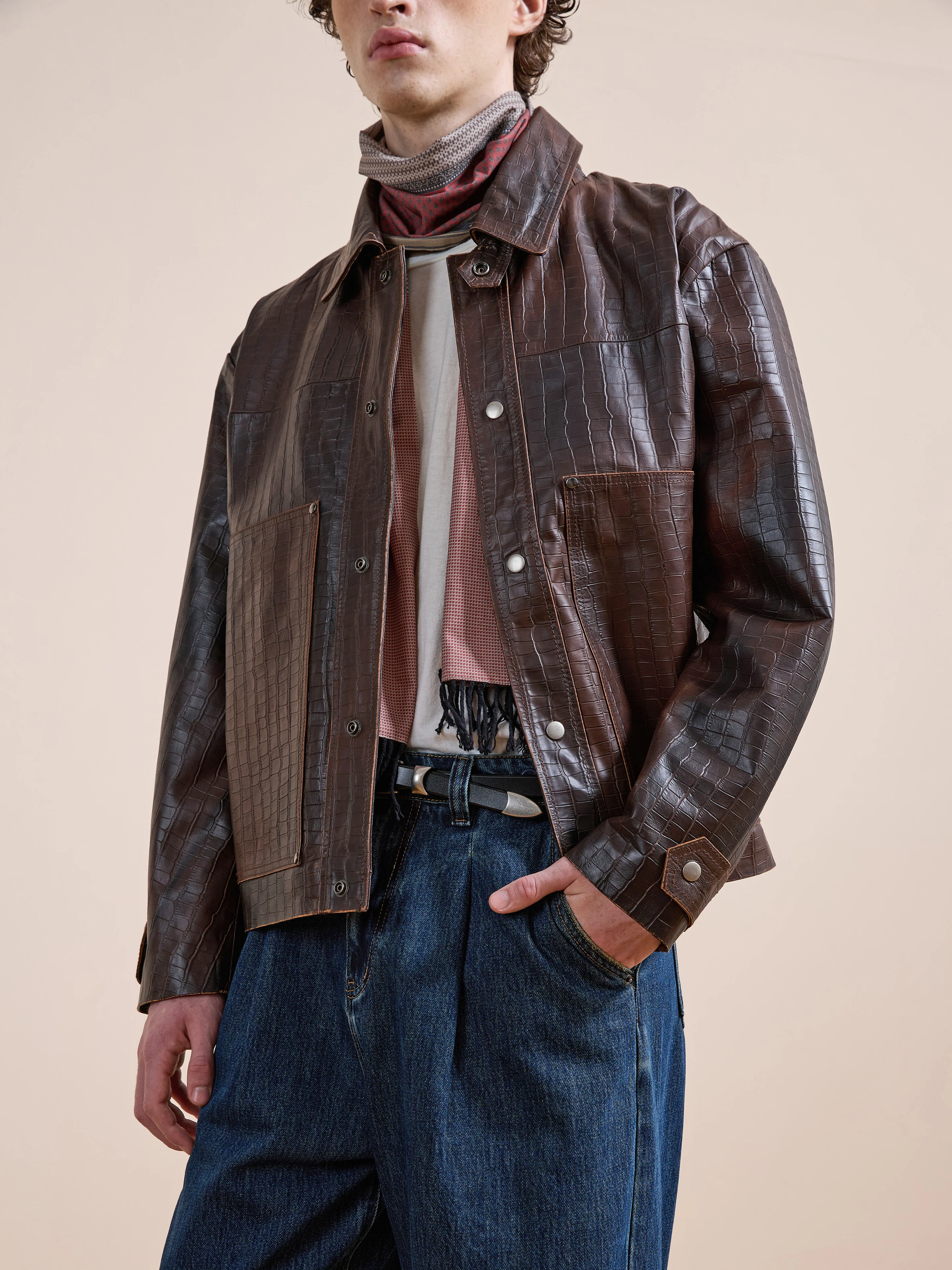 Distressed Croc Embossed Leather Work Jacket - Image 3