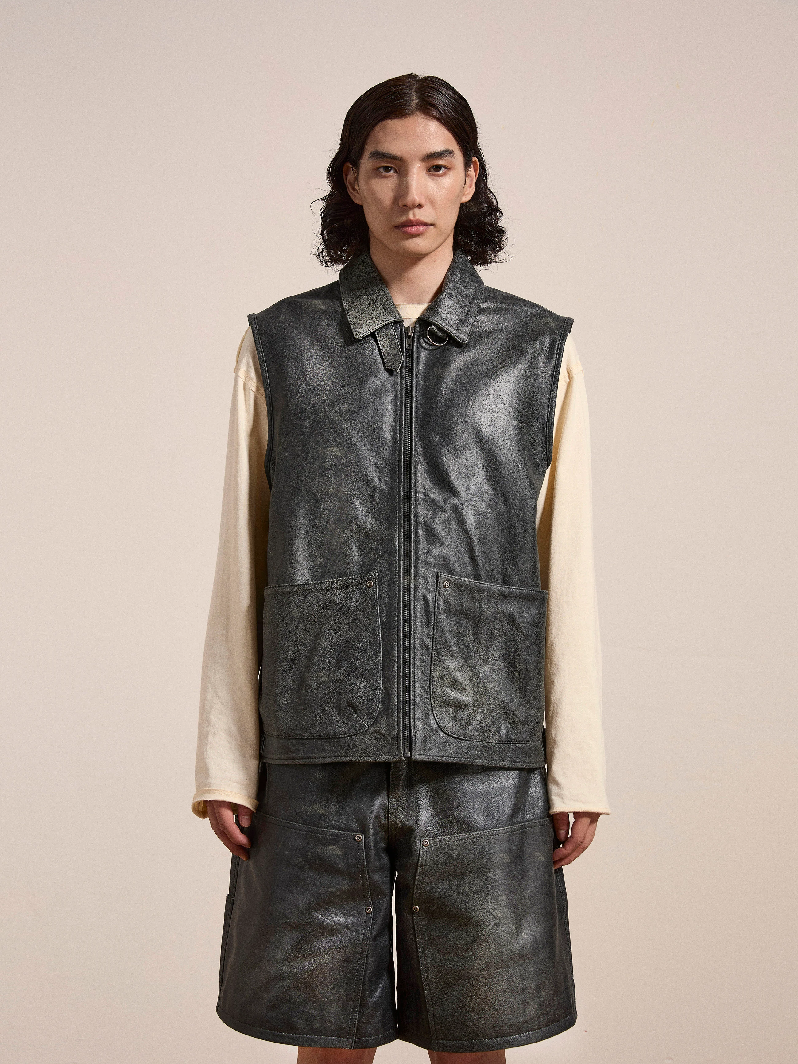 Distressed Genuine Leather Pocket Vest
