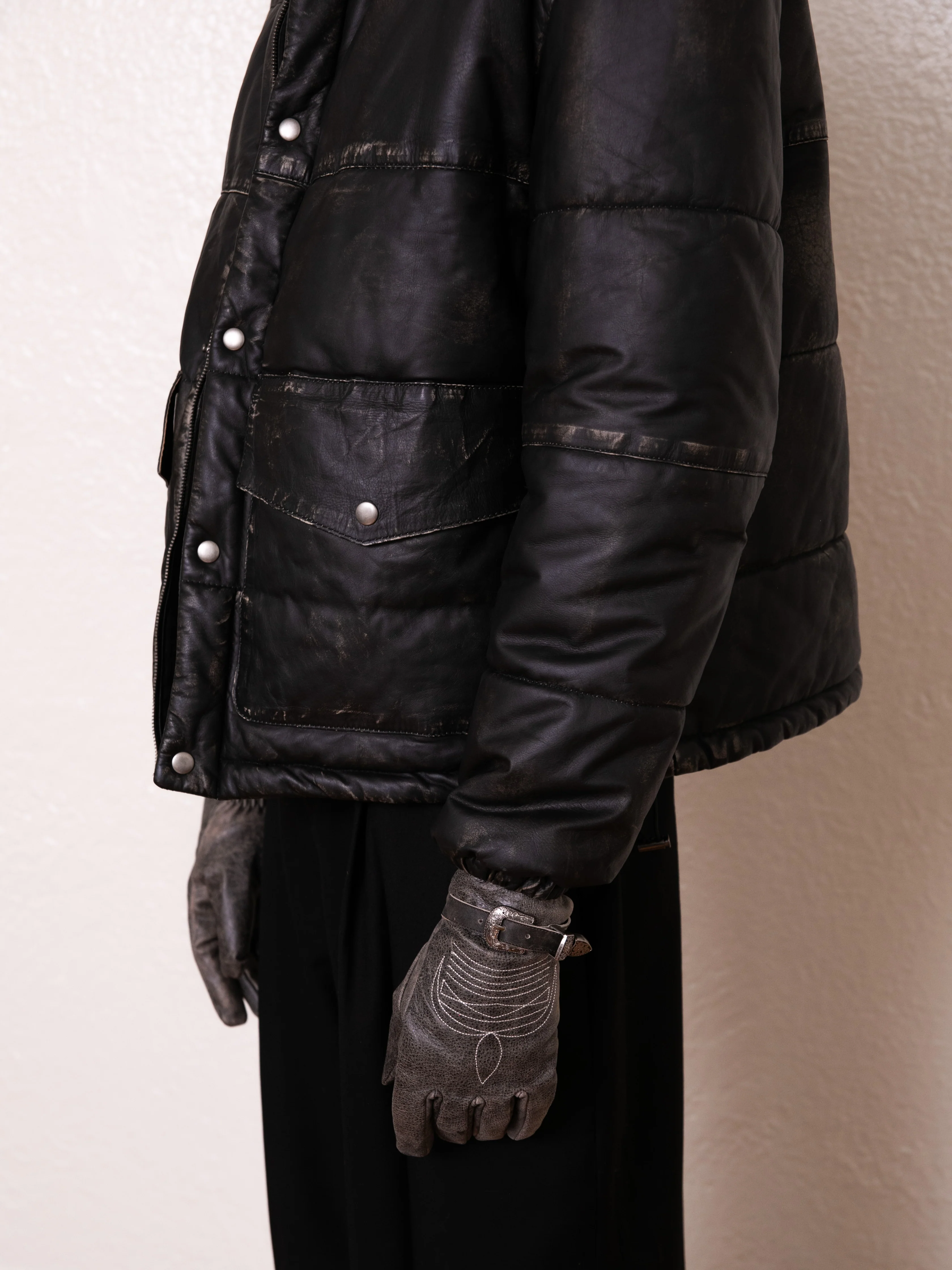 Leather Distressed Puffer Jacket - Image 2