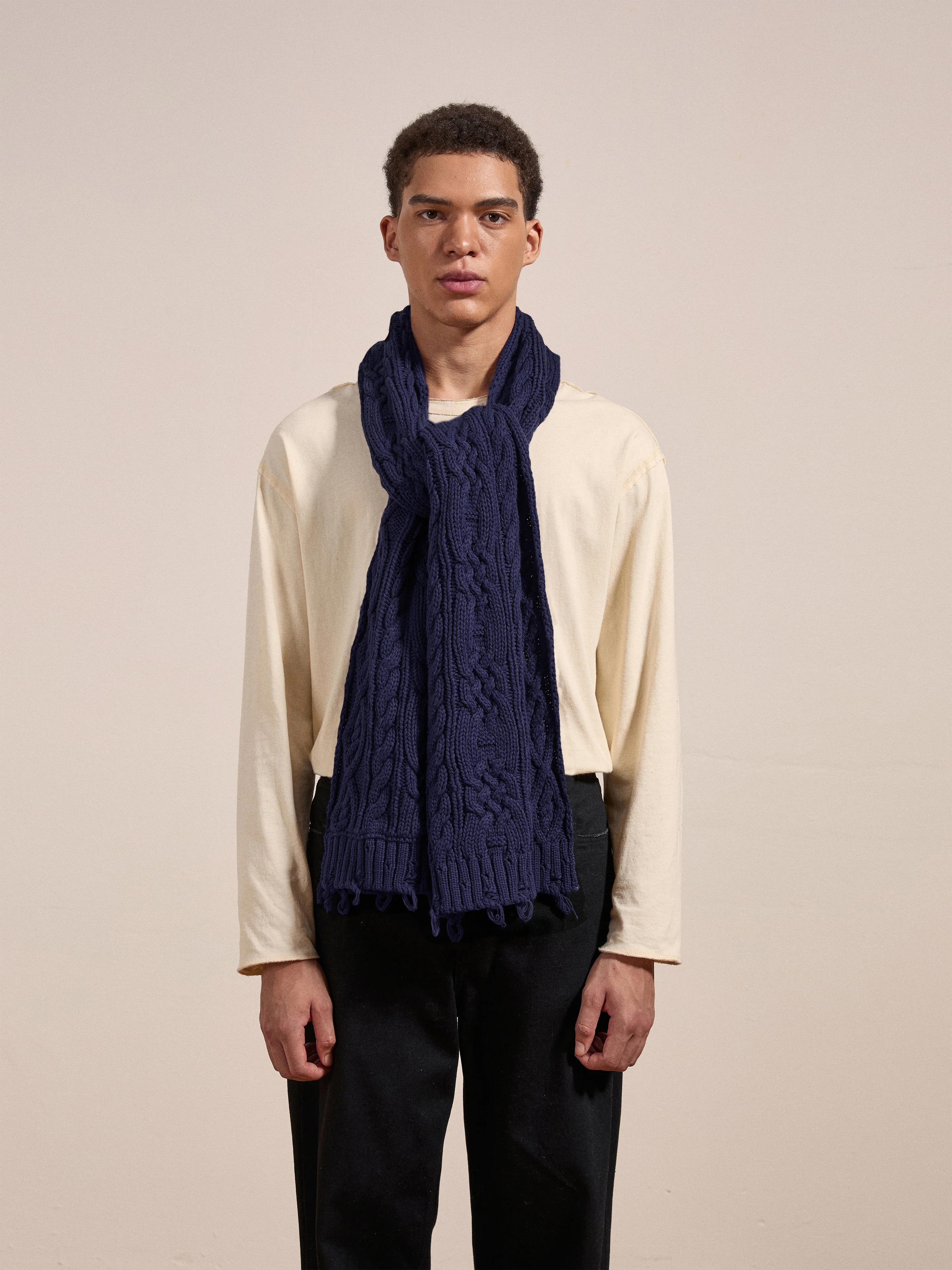 Navy Distressed Cable Knit Scarf - Image 2